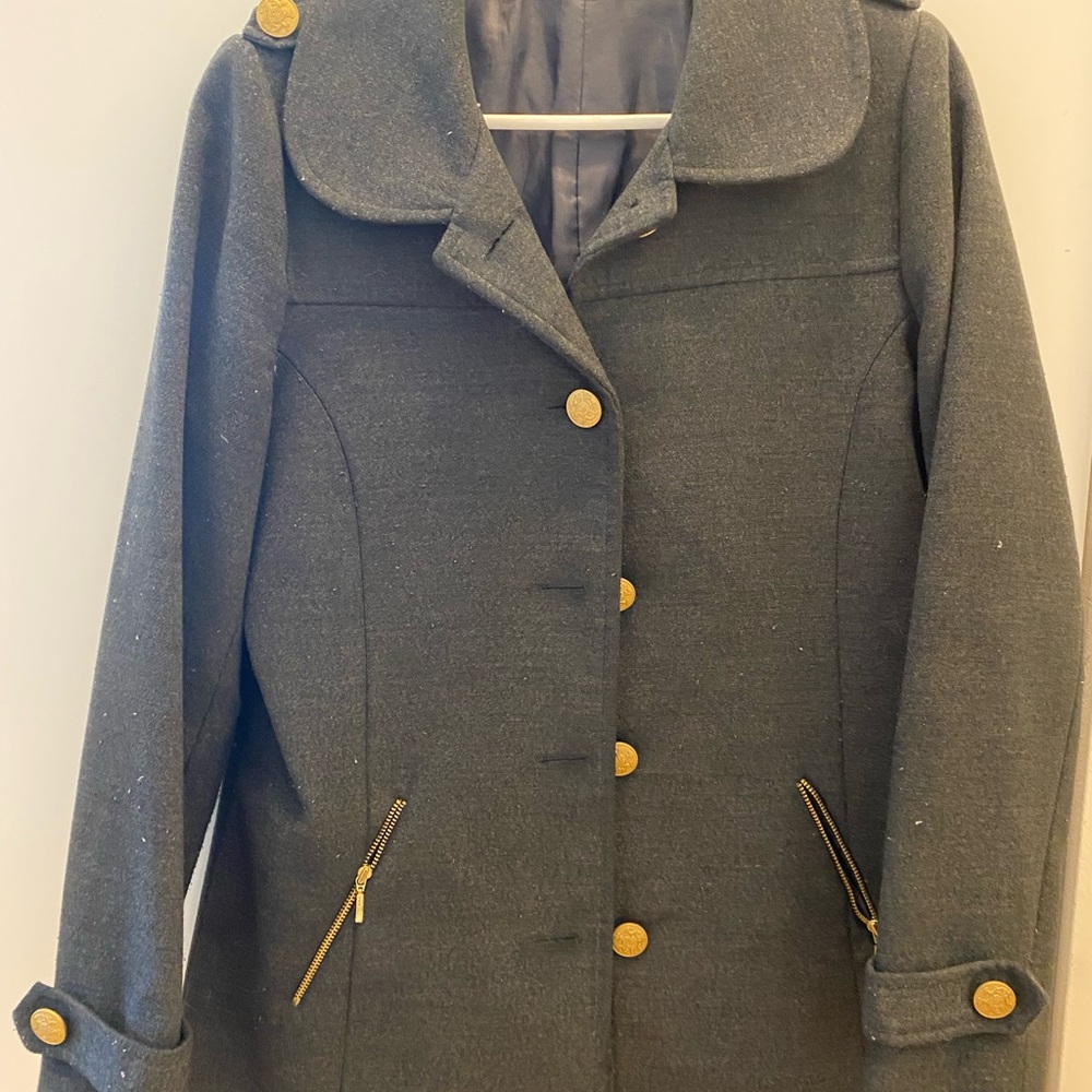 Grey coat with gold buttons.